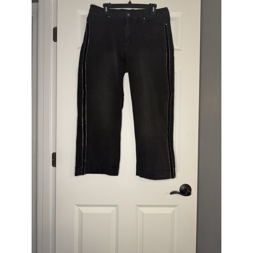 Seven 7 High Rise Gaucho Jeans Black W Rhinestone Fur Sides 14